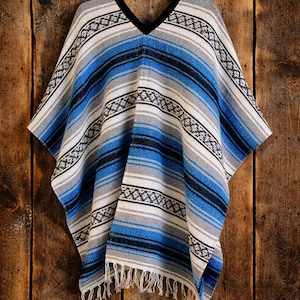 Handcrafted Mexican Serape Poncho: Unisex Boho Festival Outfit, Woven Acrylic Fabric Blue