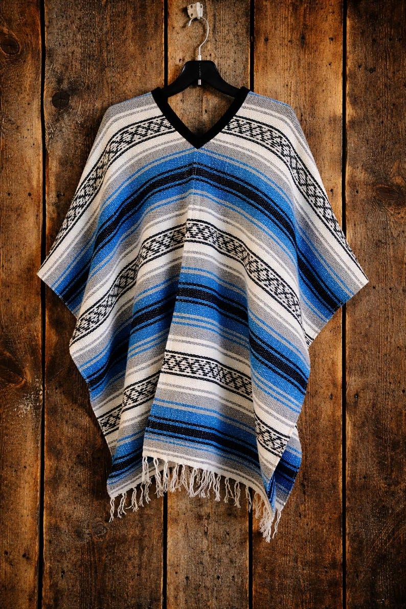 Handcrafted Mexican Serape Poncho: Unisex Boho Festival Outfit, Woven Acrylic Fabric Blue