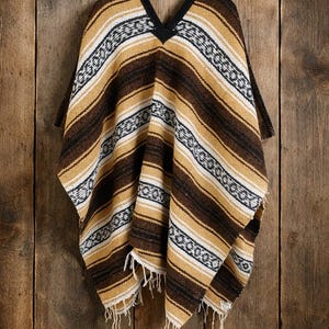 Handcrafted Mexican Serape Poncho: Unisex Boho Festival Outfit, Woven Acrylic Fabric Brown