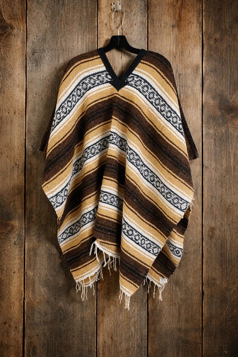 Handcrafted Mexican Serape Poncho: Unisex Boho Festival Outfit, Woven Acrylic Fabric Brown