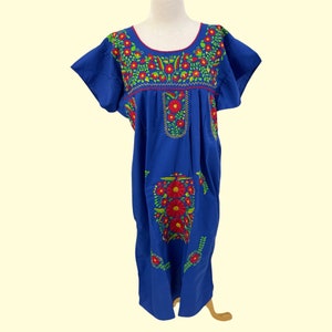 Floral Embroidered Dress Mexican Inspired Blue : Red Floral Embroidery