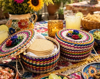 Handgemachtes Palm Tortilla Stövchen Set (2): 9" Tortilleros mit Deckeln