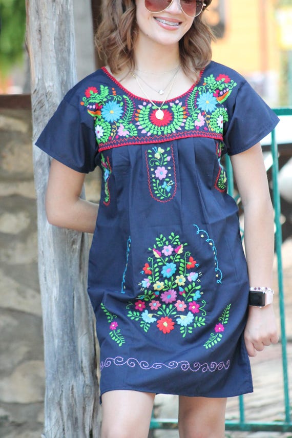 Women's Mexican Hand-embroidered Mini Dress  Navy Blue Floral,  Cotton-blend, Above-knee - Etsy UK