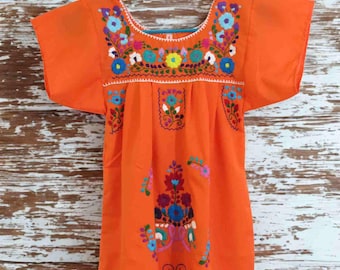 Mexican Embroidered Dress for Girls – Orange with Hand-Stitched Floral Design, Ages 0–12