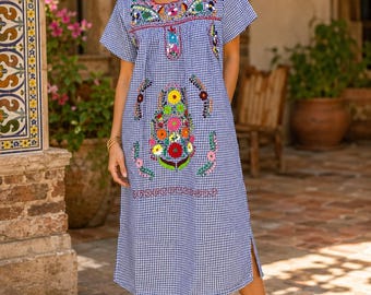 Blue Gingham Puebla Dress | Hand Embroidered Cotton Dress | Traditional Mexican Dress | Floral Midi Dress | Loose Fit Peasant Dress