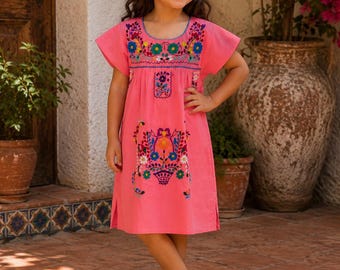 Peach Mexican Puebla Dress for Girls | Embroidered Fiesta Dress | Traditional Mexican Dress for Kids | Floral Puebla Dress