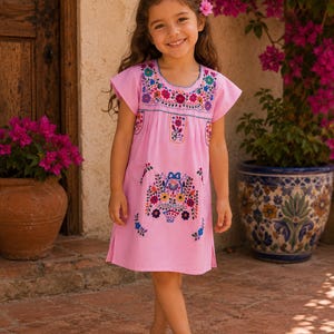 May include: A pink embroidered dress with colorful floral designs. The dress features short sleeves and is worn by a young girl. She is wearing brown sandals and has a flower in her hair.