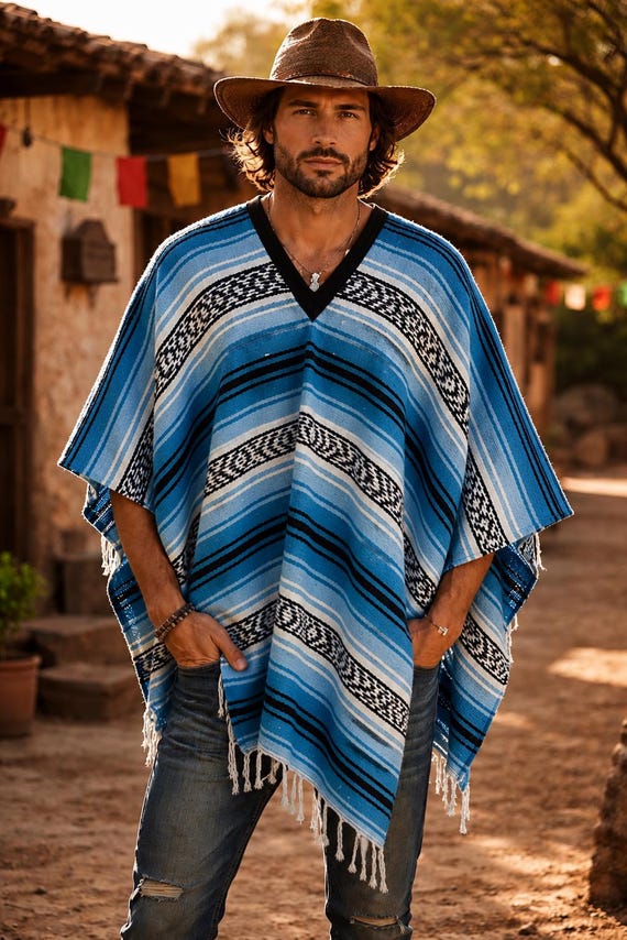 Handcrafted Mexican Serape Poncho: Unisex Boho Festival Outfit, Woven Acrylic Fabric