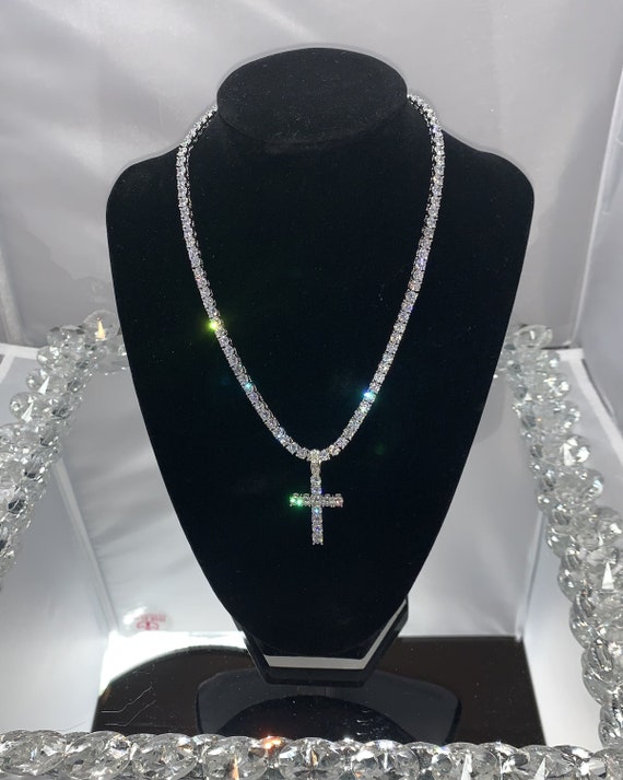 925 Silver Cubic Zirconia Tennis Necklace With Cross Pendant Etsy