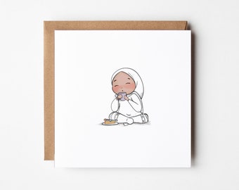 Islamic Greeting Card – Hijabi Chai Tea Card – Muslimah Art for Her – Cute Friendship Card – Noor Illustration by House of Noor