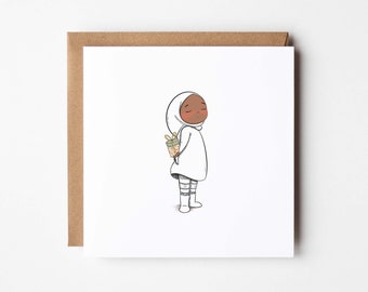 Islamic Greeting Card – Hijabi Girl with Gift – Eid Card for Her – Muslimah Card – Noor Illustration by House of Noor