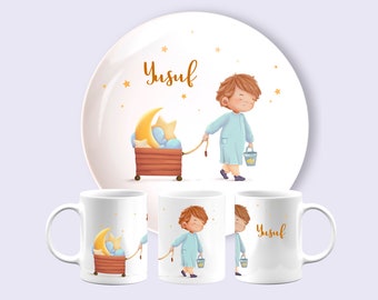 Personalized children's dinner set - plate and cup - plastic or ceramic cup - with any name - boy with stars - gift for child