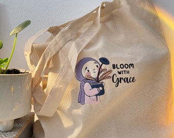 Bloom with grace hijabi Tote Bag, Reusable Shopping Bag, Cotton Tote Bag, Muslim Tote Bag, hijabi tote bag, TOTE001