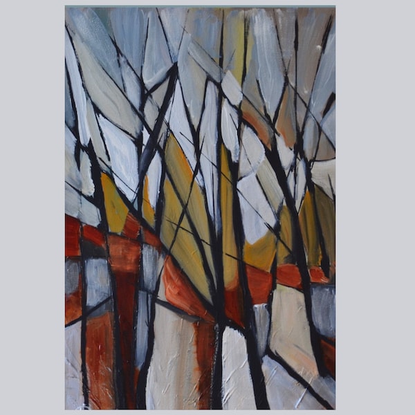 Abstract painting, stained glass,  size 12 x 18, modern trees, greys and orange, black lines accent,