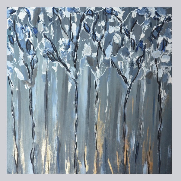 Abstract tree, 12 x 12 inches, Silver and blue trees, small acrylic painting