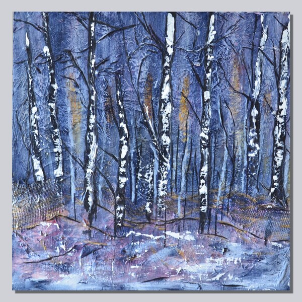 Blue Forrest, Abstract, 20 x 20 inches, Square, Original Acrylic, Painted texture, blue plum tones, black accents, Fence line