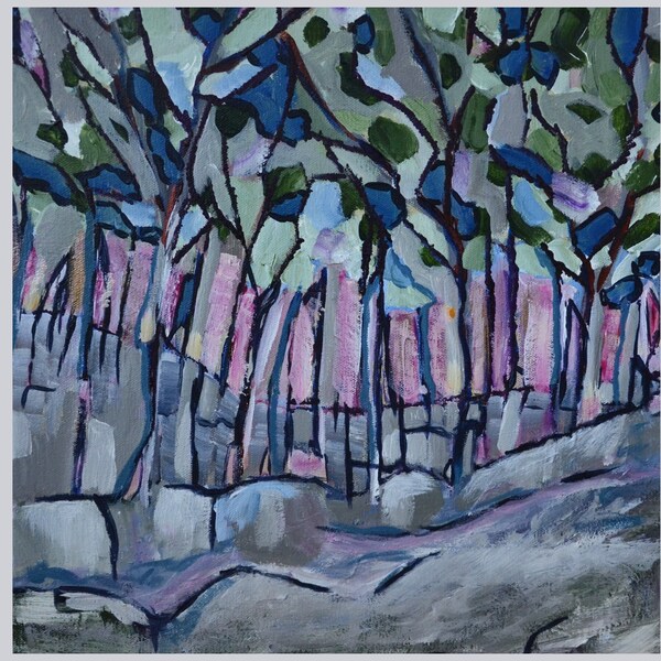 Abstract Small trees, 14 x 14 inches, blue pink and grey, Trees and rocks, black outline