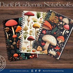 May include: Three spiral bound notebooks with mushroom illustrations. The notebooks have black, white and dark green backgrounds. The text "Dark Academia Notebooks" is at the top of the image.