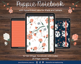 Poppy digitaal notitieboek voor GoodNotes: 12 tabbladen, 20 sjablonen (digitale download)