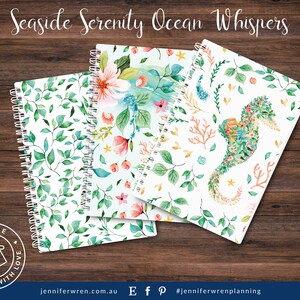 May include: Three spiral bound notebooks with different watercolour designs. The first notebook has a floral design with pink, blue, and green flowers. The second notebook has a leafy design with green leaves and branches. The third notebook has a seahorse design with a green, blue, and yellow seahorse.