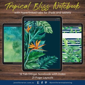 Peut inclure: Un carnet numérique avec 12 onglets et 21 mises en page. La couverture présente un motif tropical avec des feuilles vertes et un oiseau de paradis sur un fond bleu foncé. Le texte "Tropical Bliss Notebook" est en haut de l'image. Le texte "12 Tab Digital Notebook with Index" et "21 Page Layouts" est en bas de l'image.