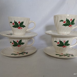 Vintage SCIO Japón Navidad Holly Swirl Cup y Platillos Set de 4 1960s