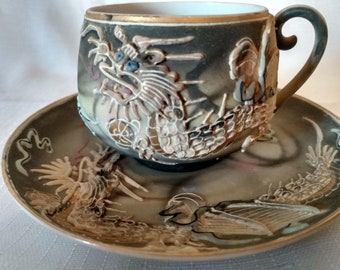 Vintage Dragonware Moriage Porcelain Tea Cup Saucer Occupied Japan Paper Labels