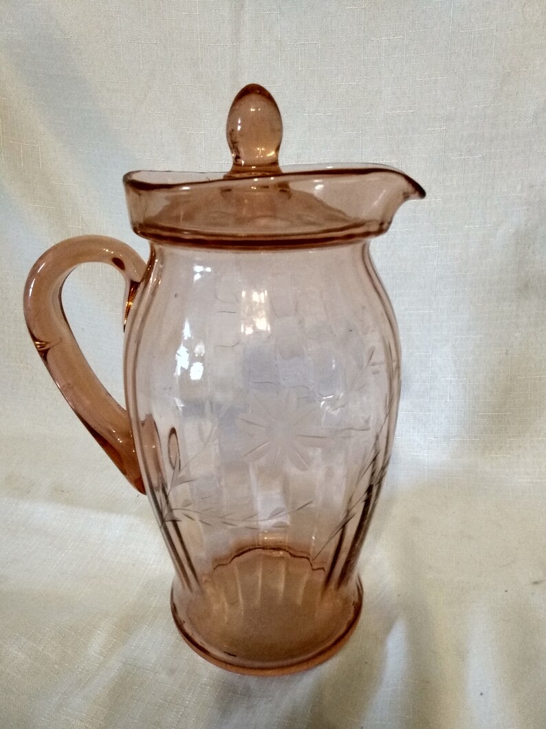 Vintage Pink Depression Glass Pitcher With Lid 7.5 Cup Capacity Etched Flowers Etsy