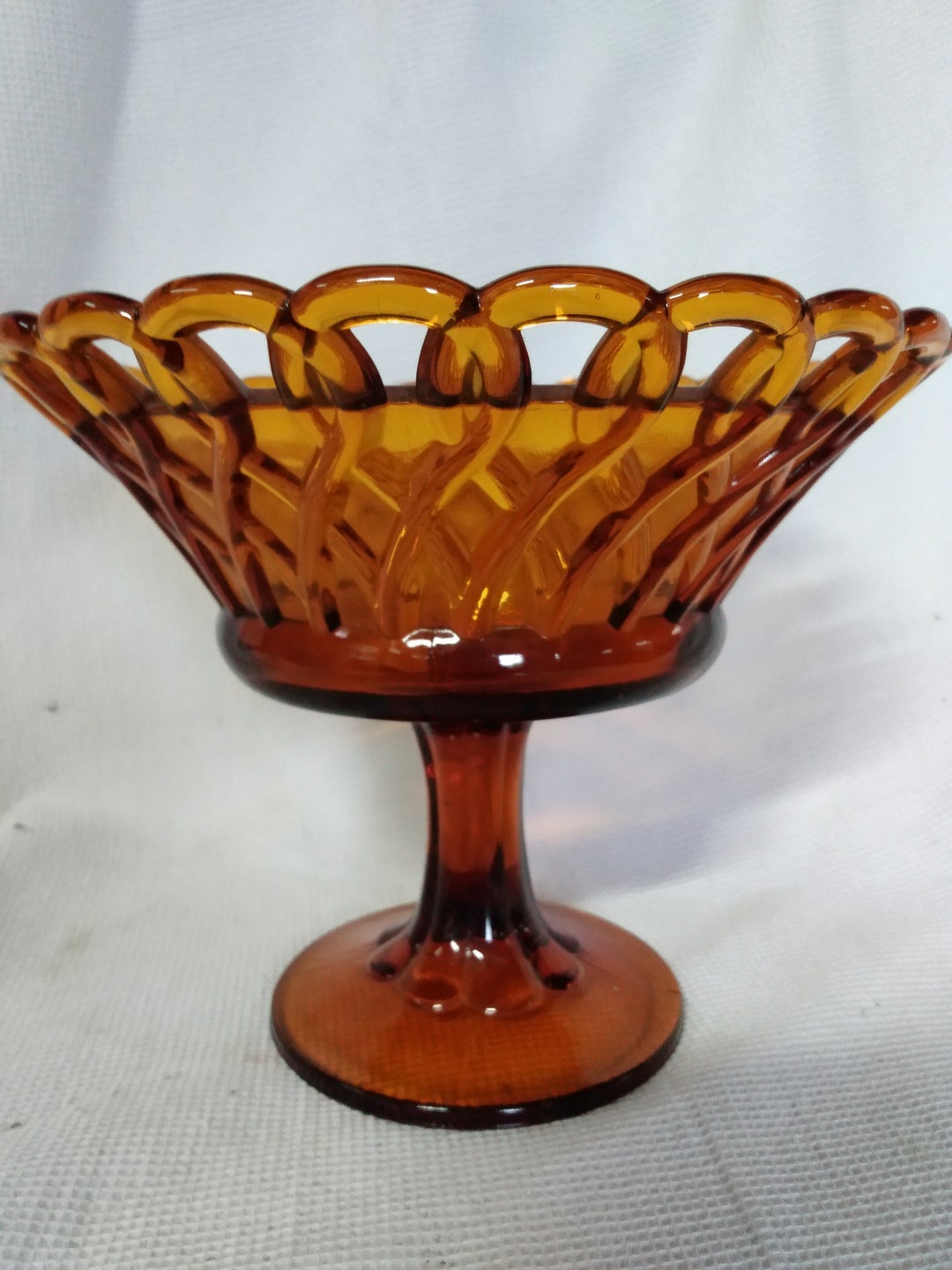 Vintage Amber Glass Pedestal Bowl Basket Weave Mid Century Etsy