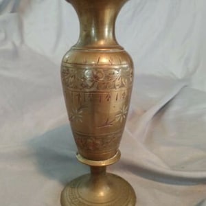 Vintage Brass Engraved Bud Vase 6&quot; Original Patina Made in India MCM