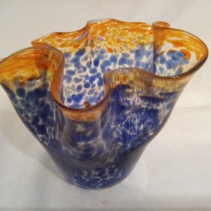 Vintage Murano Style Hand Blown Glass Bowl Vase Handkerchief MCM