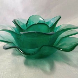 VTG Green Iridescent Glass Lotus Flower Petal Candle Votive Holder MCM