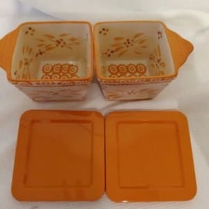 Set Of 2 Temp-Tations Ovenware by Tara Old World 16oz Autumn Harvest Orange/lids