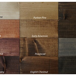 May include: A color palette of wood stain samples from The Rusty Cotton. The samples include Ipswich Pine, Puritan Pine, Dark Walnut, Gunstock, Early American, Jacobean, Red Chestnut, Provincial, Grey, Red Mahogany, English Chestnut, and Ebony.