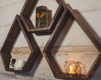 Set of 3 | Rustic Teardrop Shelf/ Diamond/Geometric Shelf/Essential Oils/Custom/Bedroom/Living Room/Nursery/Wooden/Shelf/Decor/Wall Art