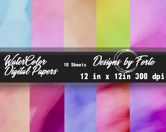 Watercolor Digital Paper Pack: 10 Sheets, 12x12 in (Digital Download)