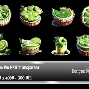 May include: Eight digital illustrations of key lime pie, each with a different design. The pies are decorated with lime slices and green frosting. The background is black.