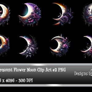 May include: Eight digital clip art images of crescent moons with purple and gold flowers. The moons are set against a black background.  Gothic Crescent Flower Moon Clip Art #2 PNG 8 - 4096 x 4096 - 300 DPI Designs by Forte