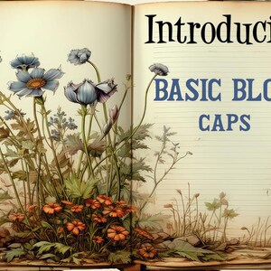 Puede incluir: Un libro abierto con una ilustración floral y texto. La página izquierda presenta una pintura a la acuarela de flores azules y naranjas con follaje verde. La página derecha tiene las palabras "Introducing BASIC BLOCK CAPS" en negro y azul.
