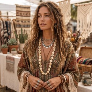 May include: A long-sleeved tunic with a deep V-neckline, featuring a multi-colored paisley pattern and fringe trim. The garment is styled with a long cowrie shell necklace, layered beaded necklaces, stacked wooden bracelets, and several silver rings.