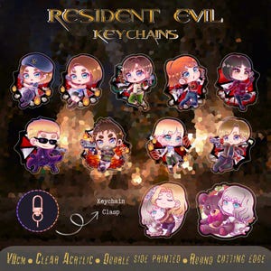 May include: A collection of Resident Evil acrylic keychains featuring chibi-style characters in various poses with weapons and accessories. The text reads Resident Evil Keychains, Keychain Clasp, and 7cm Clear Acrylic Double Side Printed Round Cutting Edge.