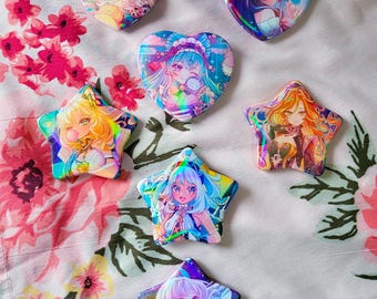 Genshin Impact holographic heart/star buttons pins