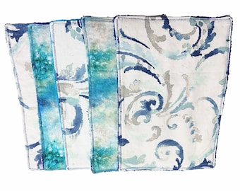 Unpaper Towels Set of 5 Blue Watercolor | Reusable Paperless Towels | Eco Friendly Kitchen Cloths | Cotton & Terrycloth | Ready to Ship