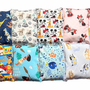May include: A collection of nine rectangular fabric cushions featuring various character prints including dinosaurs, Mickey Mouse, Minnie Mouse, Paw Patrol, Moana, Finding Nemo, Bluey, and Belle from Beauty and the Beast in vibrant colours.