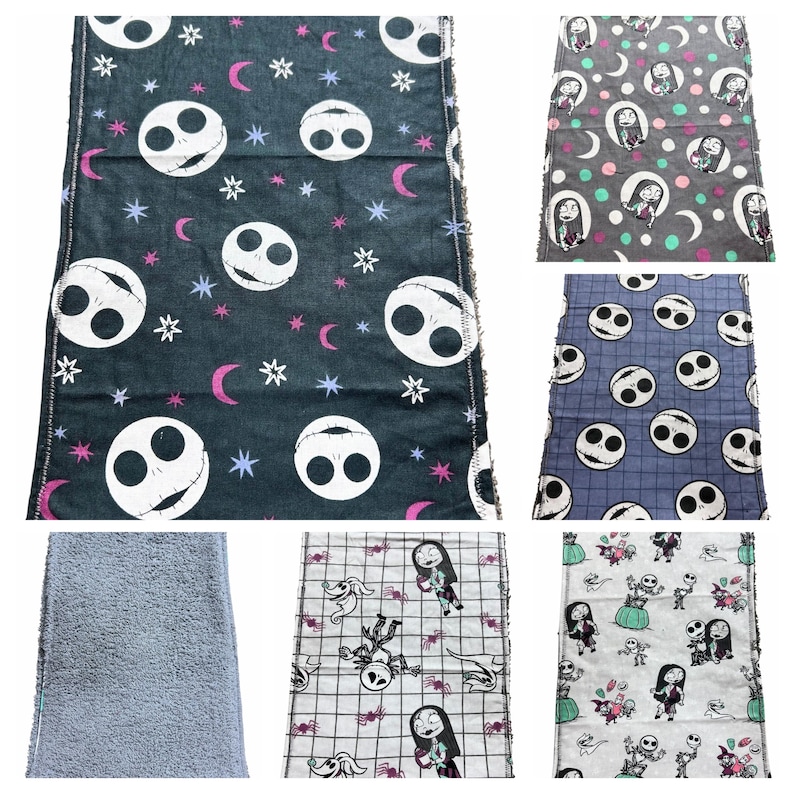 May include: Selection of fabric pieces with different patterns. One has Jack Skellington faces, stars, and moons on a dark background. Another shows Sally, moons, and polka dots. Other fabrics feature Jack and Sally designs.