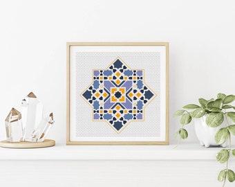 Cornflower & Gold Mosaic Tile Cross Stitch Pattern PDF Download/Instant Download