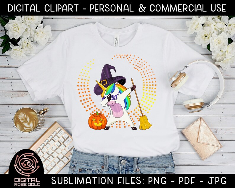 Halloween Unicorn Dab Holiday Unicorn Sublimation File, Witches Broomstick Clipart, Pumpkin Graphics, Funny Halloween Clipart Design image 2