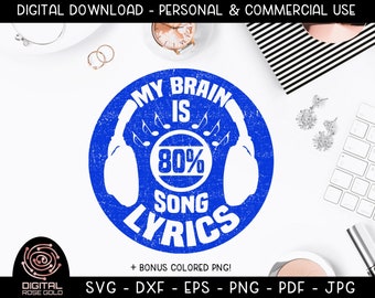 My Brain Is 80 Percent Song Lyrics - Funny Musical SVG, Music Song Lyrics SVG, Music Digital Cut File, Headphones Singing SVG Designs