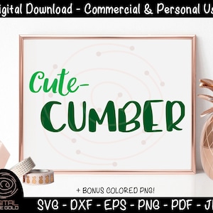 May include: A digital download of a green and white graphic that says "Cute-Cumber". The graphic is in a white frame with a pink background. The graphic is surrounded by small pink dots.