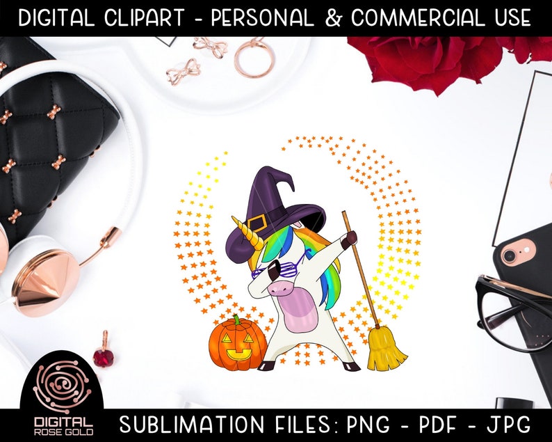 Halloween Unicorn Dab Holiday Unicorn Sublimation File, Witches Broomstick Clipart, Pumpkin Graphics, Funny Halloween Clipart Design image 1